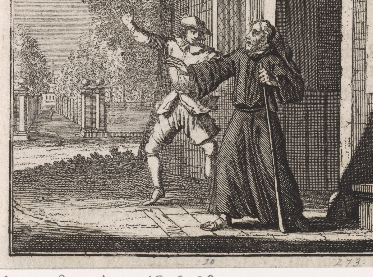 Tijdens een poging tot bekering krijgt de abt van Vitalis een klap in zijn gezicht by Caspar Luyken, print, 1704