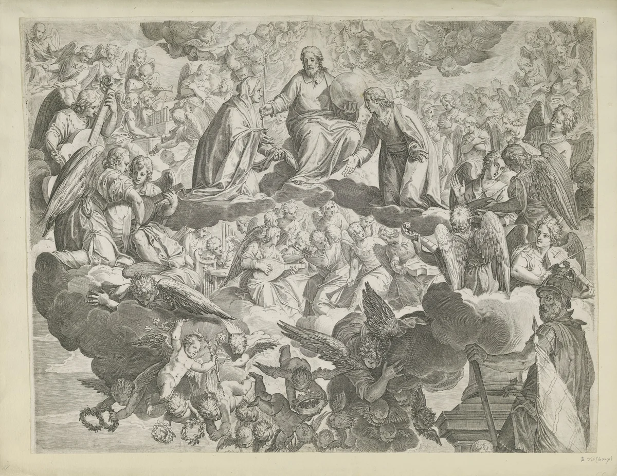 Het martelaarschap van de heilige Justina van Padua (bovenste helft) by Agostino Carracci, print, 1567-1602