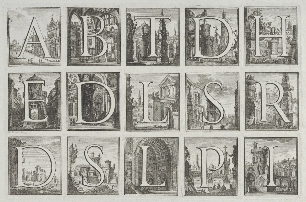 Roman alphabet against architectural backgrounds, from G. P. Zanotti's Il Claustro di San Michele in Bosco di Bologna by Pio Panfili, print, 1776