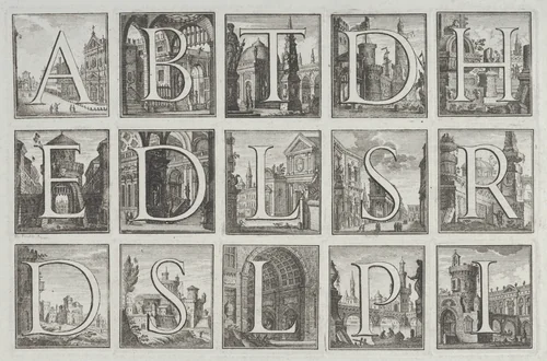Roman alphabet against architectural backgrounds, from G. P. Zanotti's Il Claustro di San Michele in Bosco di Bologna by Pio Panfili, print, 1776