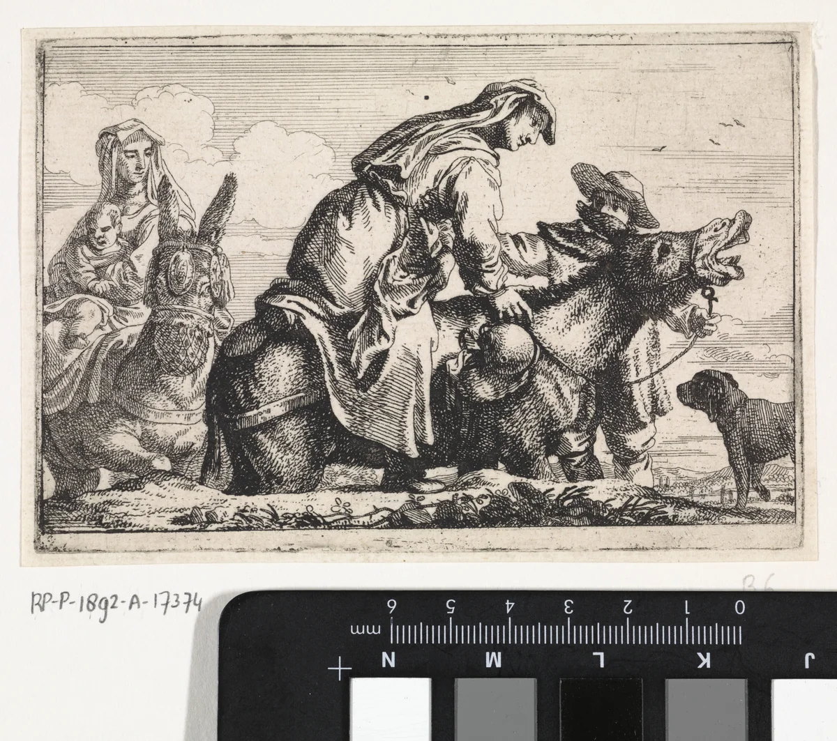 Vrouw bestijgt ezel by Jan Baptist de Wael, print, 1642-1669