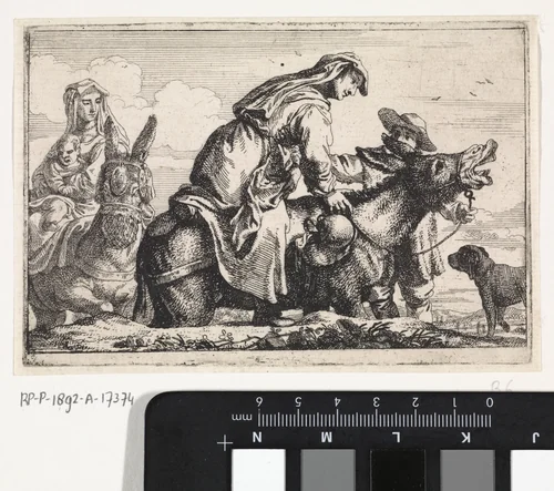 Vrouw bestijgt ezel by Jan Baptist de Wael, print, 1642-1669