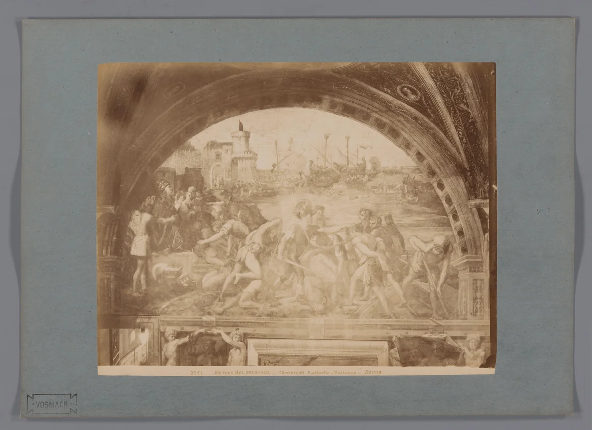 Fotoreproductie van het fresco Het gevecht van Ostia door Rafaël in de Stanza dell'Incendio, Vaticaanstad by anonymous, photograph, 1851-1900