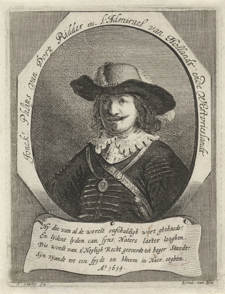 Portret van Philips van Dorp, vlootvoogd by Salomon Savery, print, 1634-1665