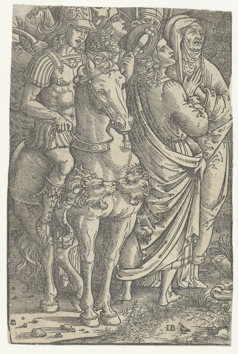Fragment van een Kruisiging met Johannes de Evangelist en Maria en soldaten by Unknown, print, 1500-1535