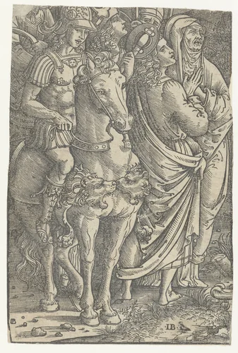 Fragment van een Kruisiging met Johannes de Evangelist en Maria en soldaten by Unknown, print, 1500-1535