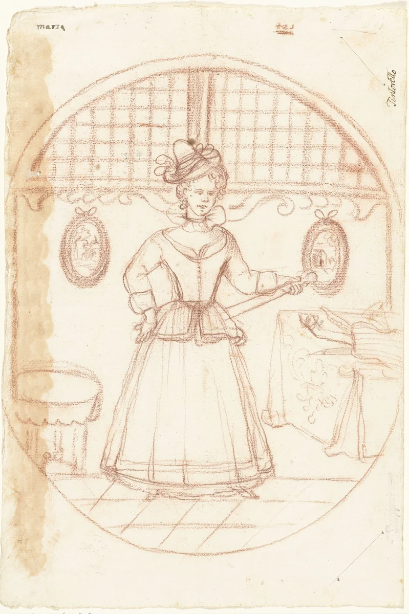 Jong meisje met muziekinstrumenten by anonymous, drawing, 1700-1800