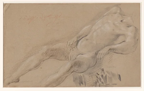 Studie van een liggend mannelijk naakt, zonder hoofd by Wijbrant Oosterdijk, drawing, 1657-1677