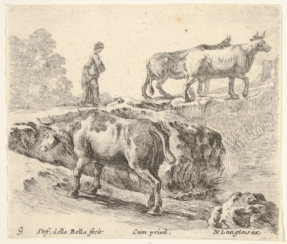 Plate 9: a cow ascending a bank, a peasant woman leading two cows across a bridge in background, from "Diversi Capricci" by Stefano della Bella, print, 1644-1647