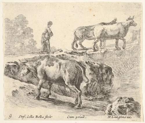 Plate 9: a cow ascending a bank, a peasant woman leading two cows across a bridge in background, from "Diversi Capricci" by Stefano della Bella, print, 1644-1647