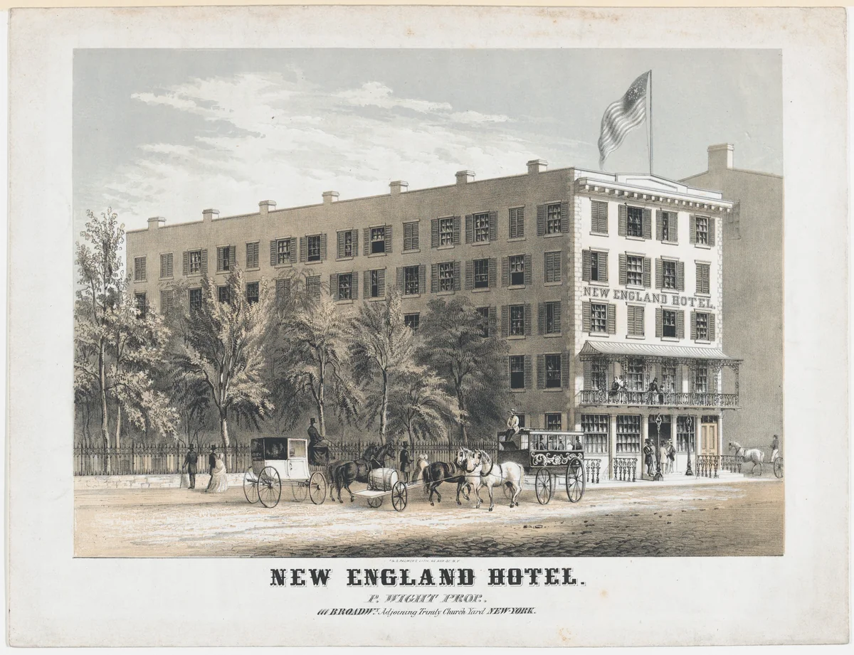 New England Hotel, Broadway, Adjoining Trinity Church Yard, New York by Frances Flora Bond Palmer, print, 1843-1853