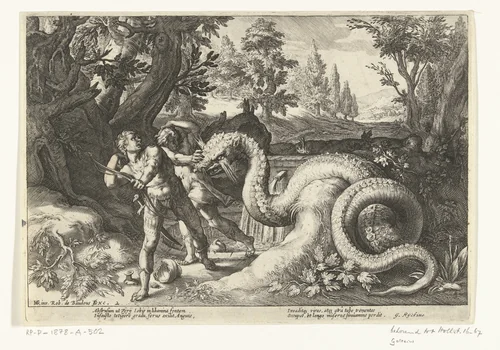 Metgezellen van Cadmus door een draak verslonden by Unknown, print, 1591-1659