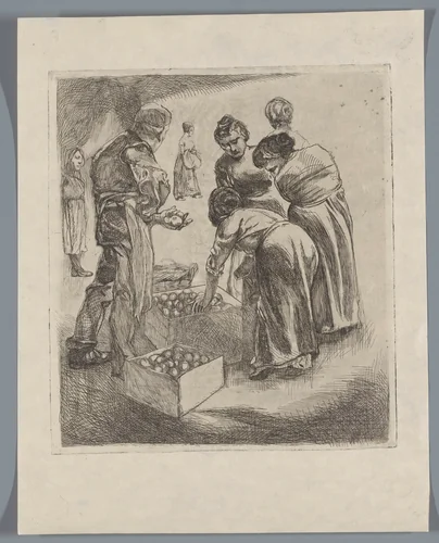 Marktscène met fruitverkoper by Johannes Josephus Aarts, print, 1881-1934