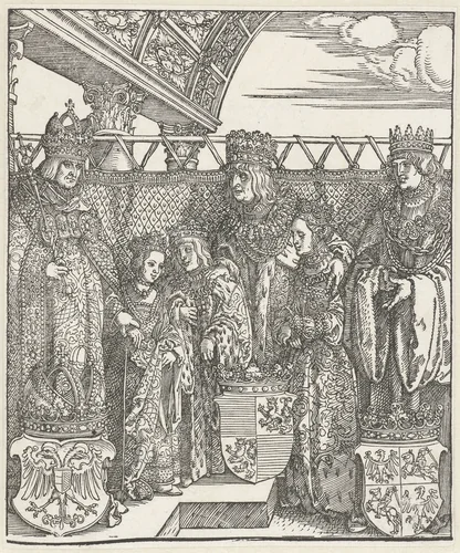 Het Weense dubbelhuwelijk: Maximiliaan bespreekt met de koning van Hongarije en zijn broer de huwelijken tussen hun (klein)kinderen by Albrecht Dürer, print, 1515