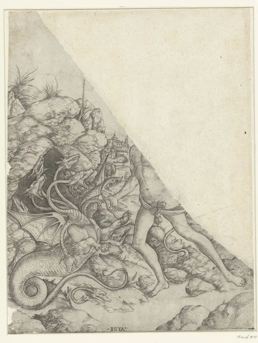 Fragment met Hercules verslaat de Hydra van Lerna by Unknown, print, 1480-1535