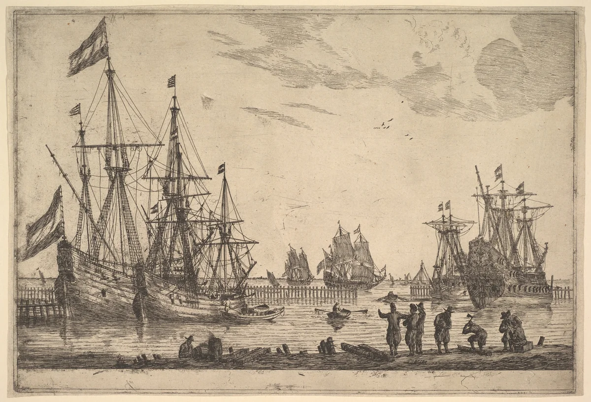 Four Sailing Vessels near a Breakwater by Reinier Nooms, print, 1635-1670