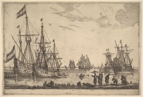 Four Sailing Vessels near a Breakwater by Reinier Nooms, print, 1635-1670