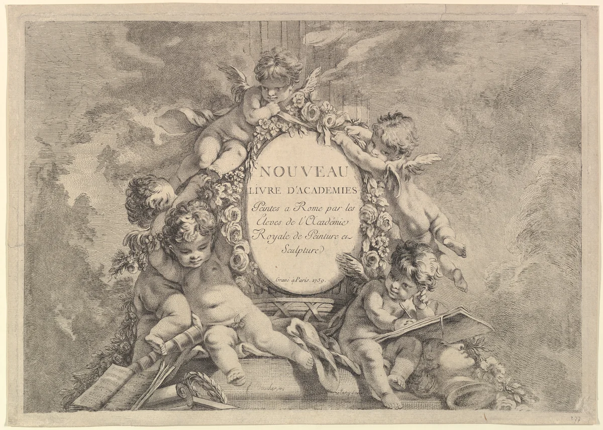 Frontispiece, from Nouveau Livre d'Academies Peintes a Rome par les Eleves de l'Académie Royale de Peinture et Sculpture (New Book of the Academy Painted in Rome by the Pupils of the Royal Academy of Painting and Sculpture) by François Boucher, print, 1759