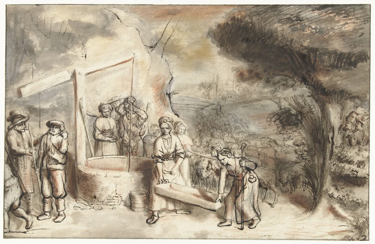 Mozes en Rehuël's dochters bij de put by Constantijn à Renesse, drawing, 1648-1649