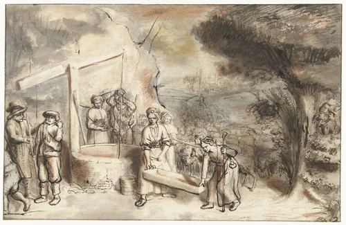 Mozes en Rehuël's dochters bij de put by Constantijn à Renesse, drawing, 1648-1649