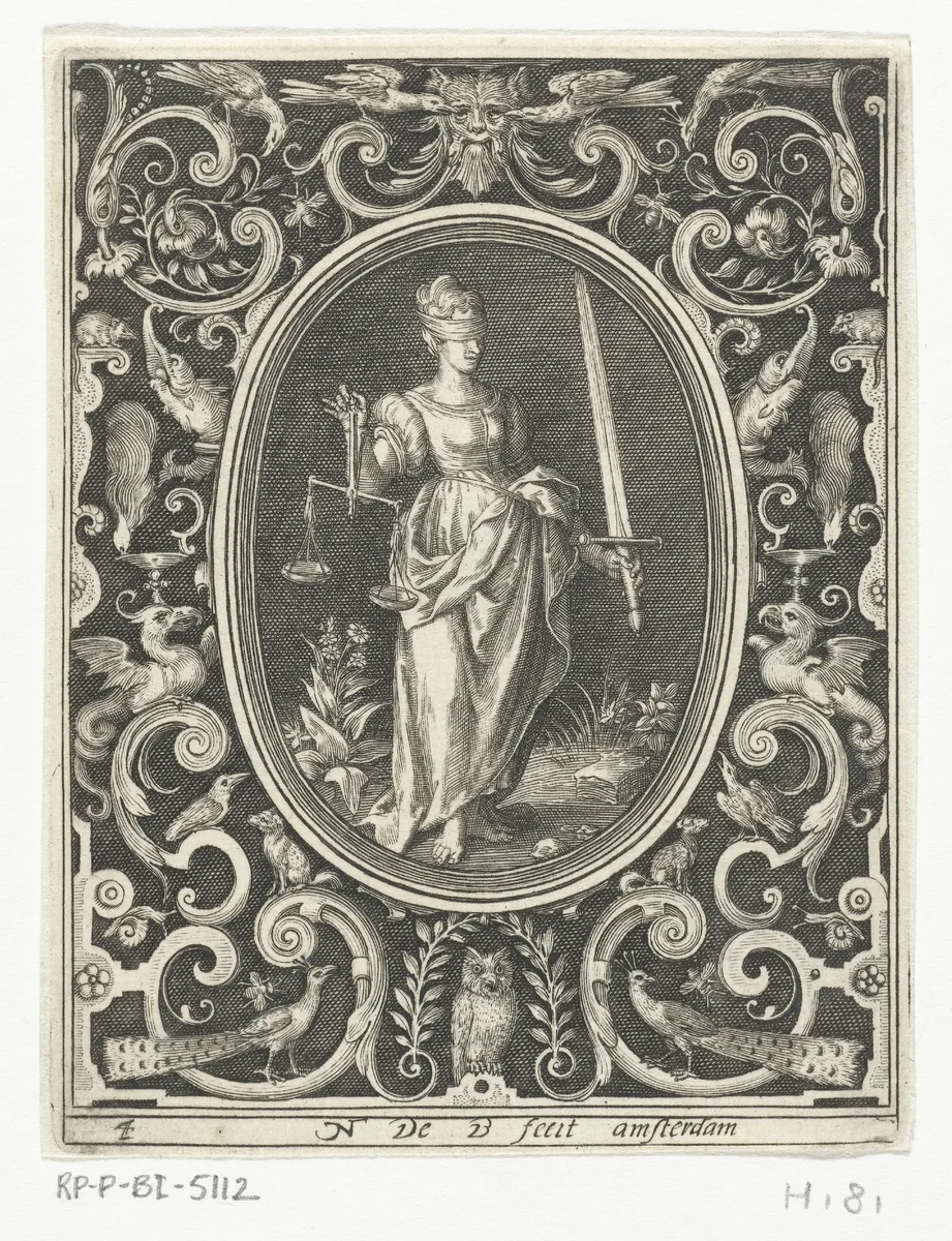 Rechtvaardigheid in ovale lijst binnen rechthoekige omlijsting met ornamenten by Unknown, print, 1581-1656