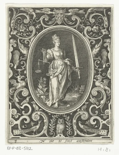 Rechtvaardigheid in ovale lijst binnen rechthoekige omlijsting met ornamenten by Unknown, print, 1581-1656