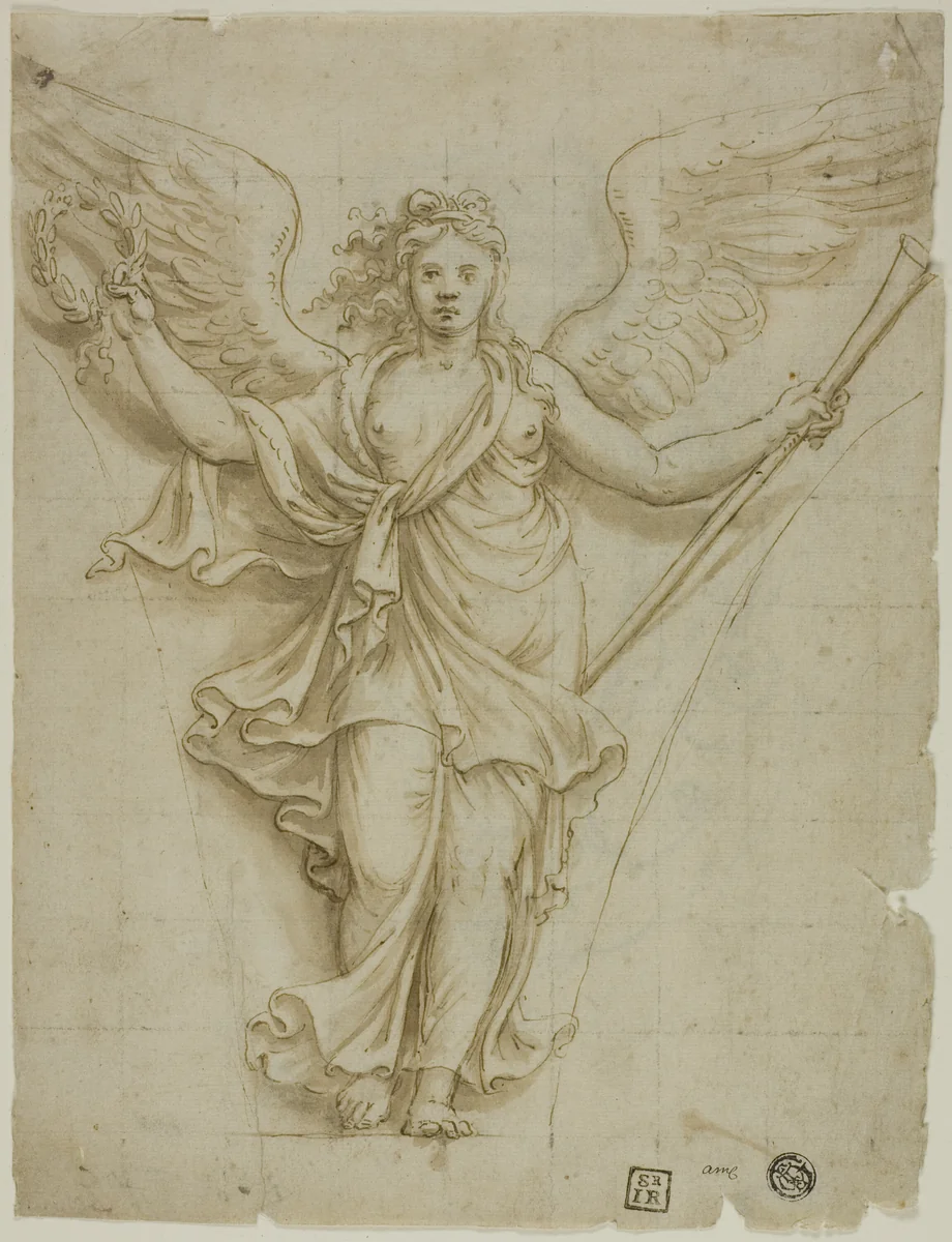 Spandrel Design with Allegorical Figure of Fame (recto); Design for Coat of Arms (verso) by Giulio Romano, drawing, 1500-1535