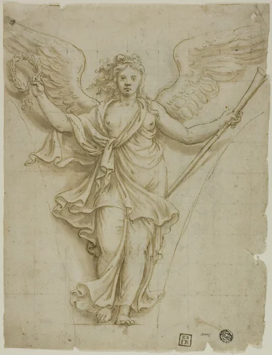 Spandrel Design with Allegorical Figure of Fame (recto); Design for Coat of Arms (verso) by Giulio Romano, drawing, 1500-1535