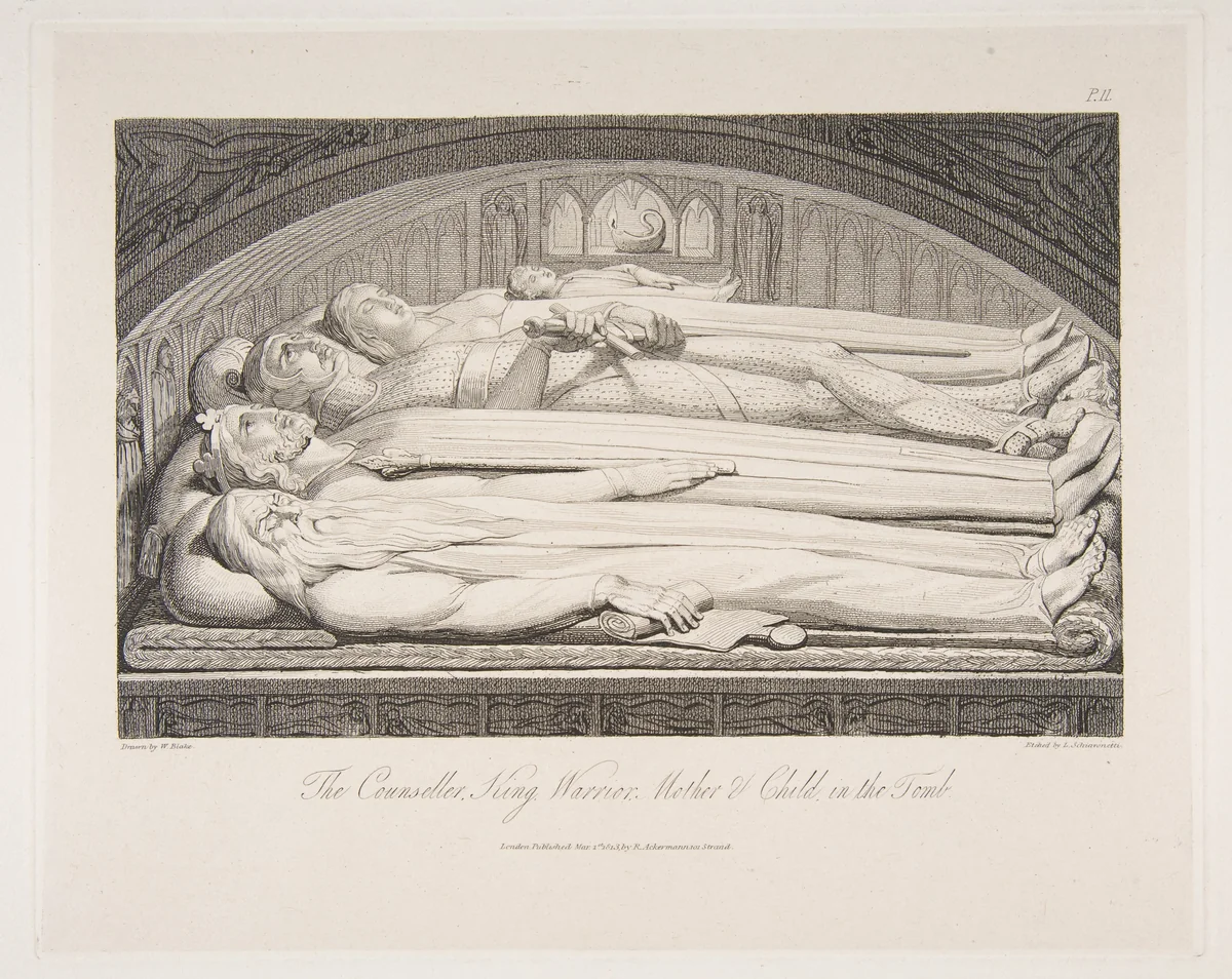 The Counsellor, King, Warrior, Mother & Child in the Tomb, from "The Grave," a Poem by Robert Blair by William Blake, print, 1813
