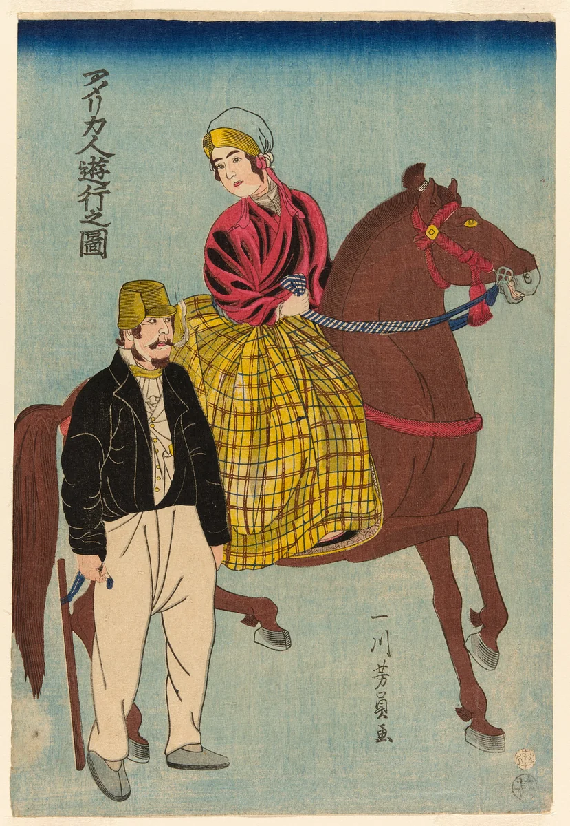 Americans on an Outing (Amerikajin yuko no zu) by Utagawa Yoshikazu, print, 1860