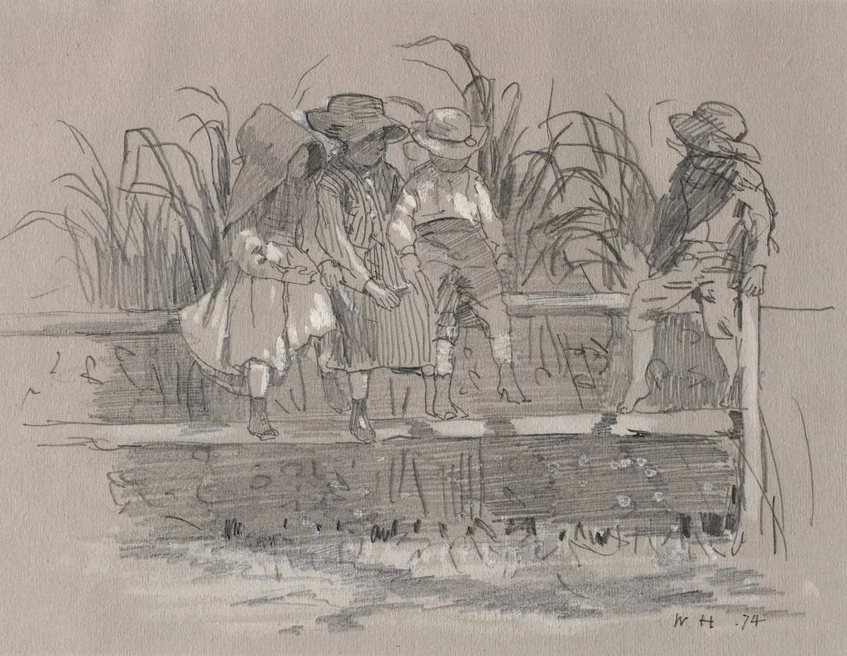 Children Sitting on a Fence by Winslow Homer, drawing, 1874