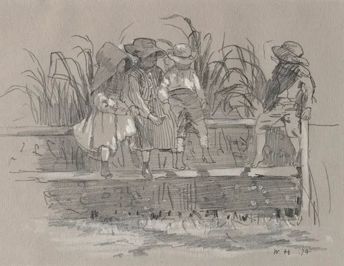 Children Sitting on a Fence by Winslow Homer, drawing, 1874