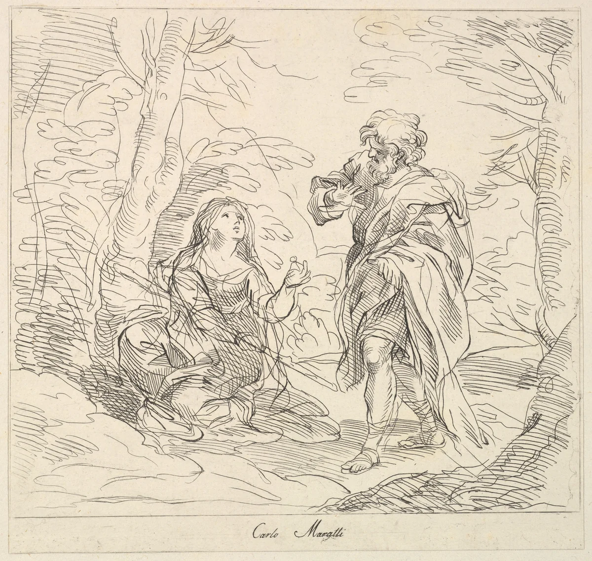 Seated woman and Bearded Man in a Landscape by Giuseppe Canale, print, 1740-1802