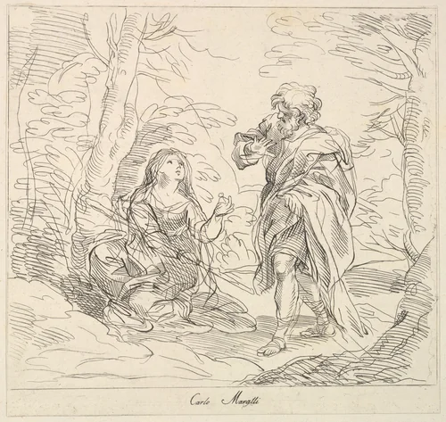 Seated woman and Bearded Man in a Landscape by Giuseppe Canale, print, 1740-1802