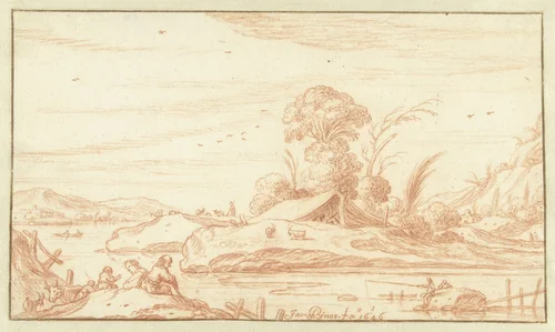 River Landscape by Jacob Symonsz Pynas, drawing, 1646