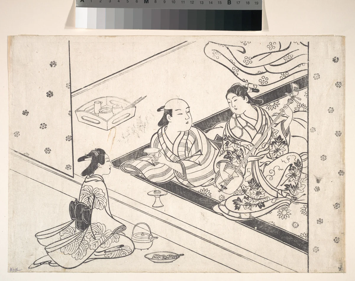 Lady Playing Shamisen, with Her Lover and Attendant Nearby by Nishikawa Sukenobu (西川祐信), print, 1671-1751
