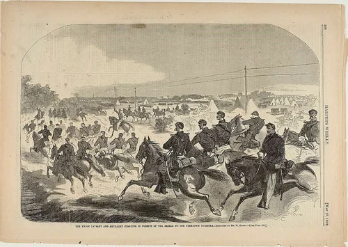 The Union Cavalry and Artillery Starting in Pursuit of the Rebels up the Yorktown Turnpike by Winslow Homer, print, 1862