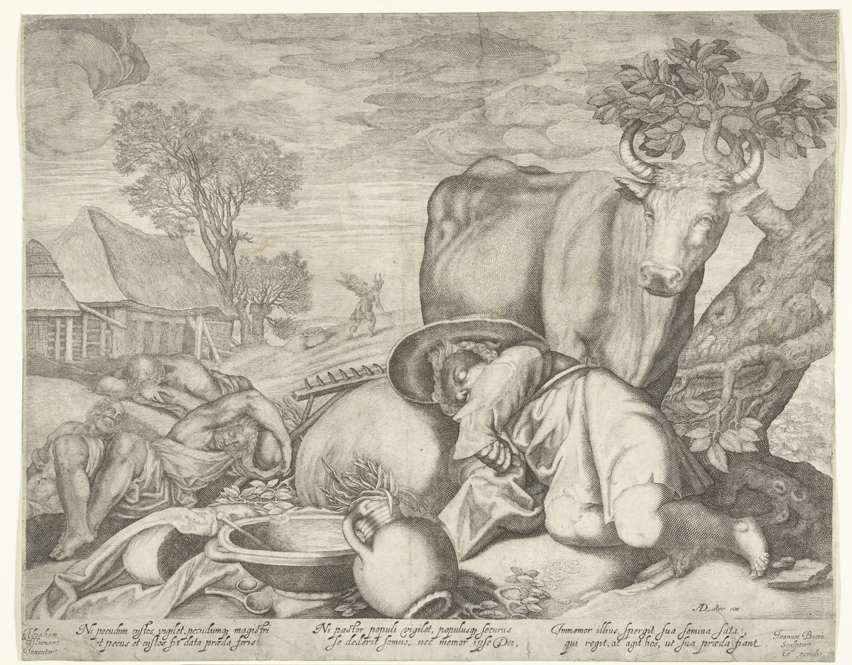 Zaaier en knechten slapen terwijl Satan onkruid zaait by Unknown, print, 1591-1634