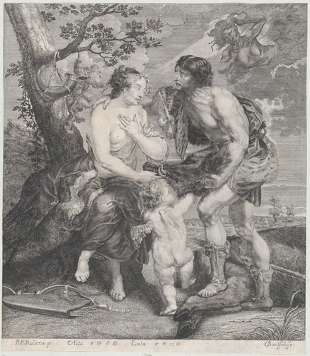 Atalanta and Meleager by Johann Gottfried Bartsch, print, 1665-1695