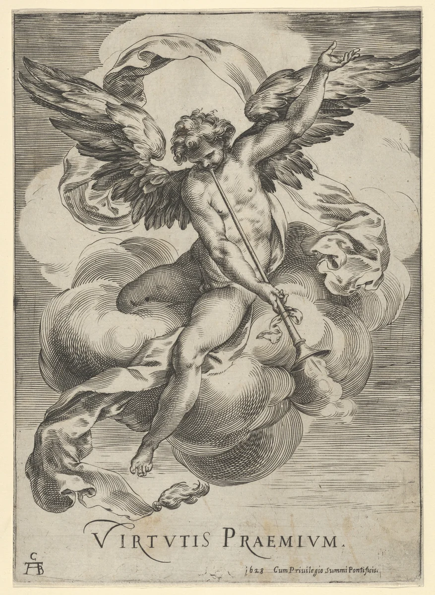 Winged genius seated on a cloud, sounding a trumpet with his left hand extended upwards by Cherubino Alberti, print, 1628
