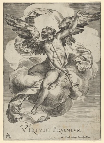 Winged genius seated on a cloud, sounding a trumpet with his left hand extended upwards by Cherubino Alberti, print, 1628