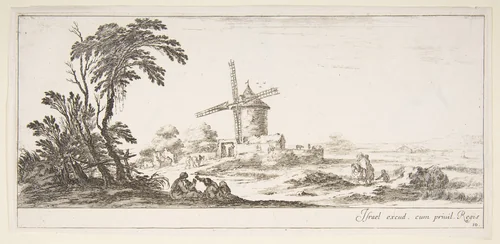 Plate 10: a family in center foreground, various figures and horses in middleground, a windmill in center background, from 'Various landscapes' (Divers paysages) by Stefano della Bella, print, 1636-1646