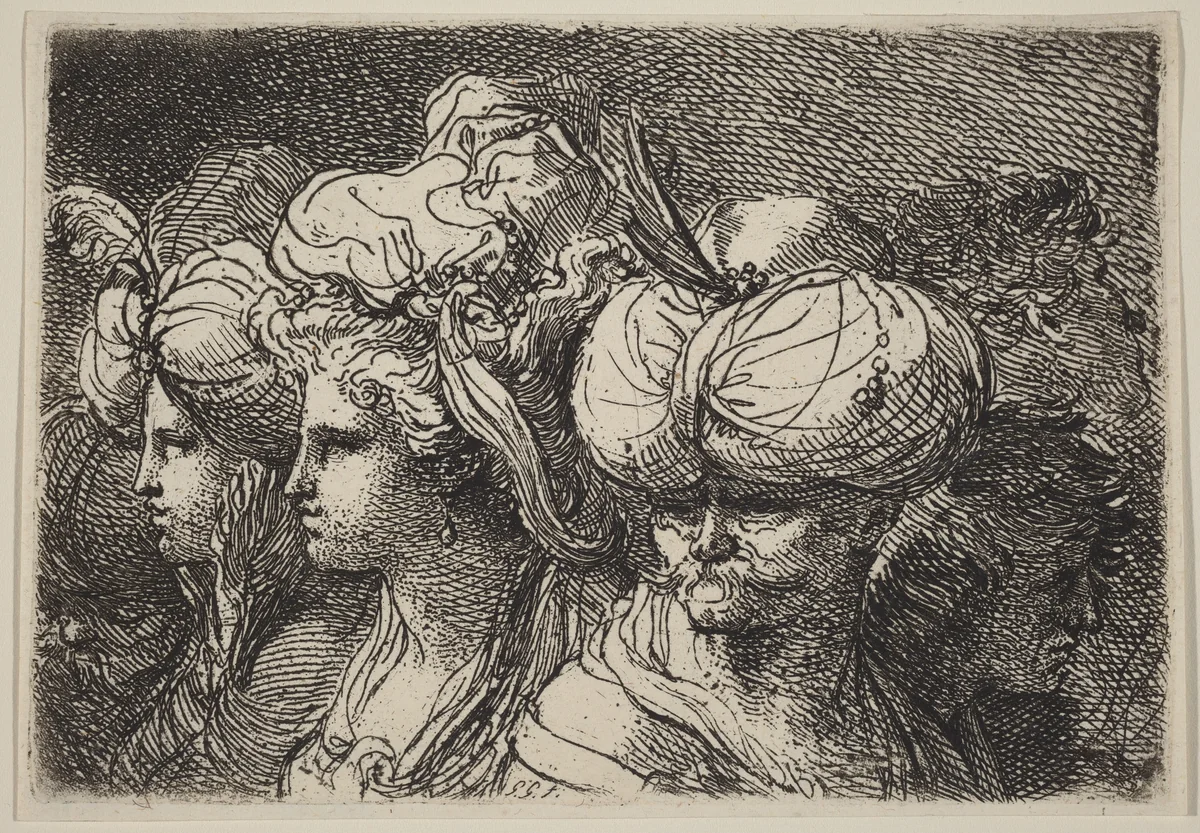 Six Heads, a Turk in Front by Gaetano Gandolfi, print, 1770-1789