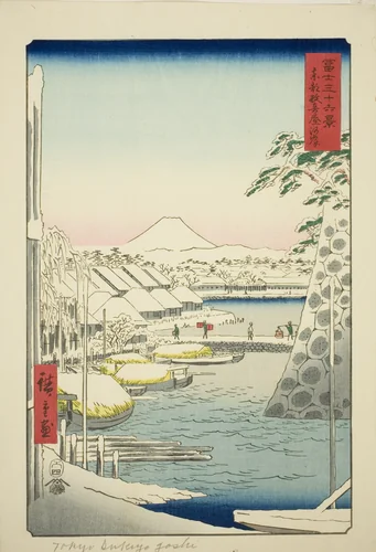 The Riverbank at Sukiya in the Eastern Capital (Toto Sukiyagashi), from the series "Thirty-six Views of Mount Fuji (Fuji sanjurokkei)" by Utagawa Hiroshige (歌川広重), print, 1858