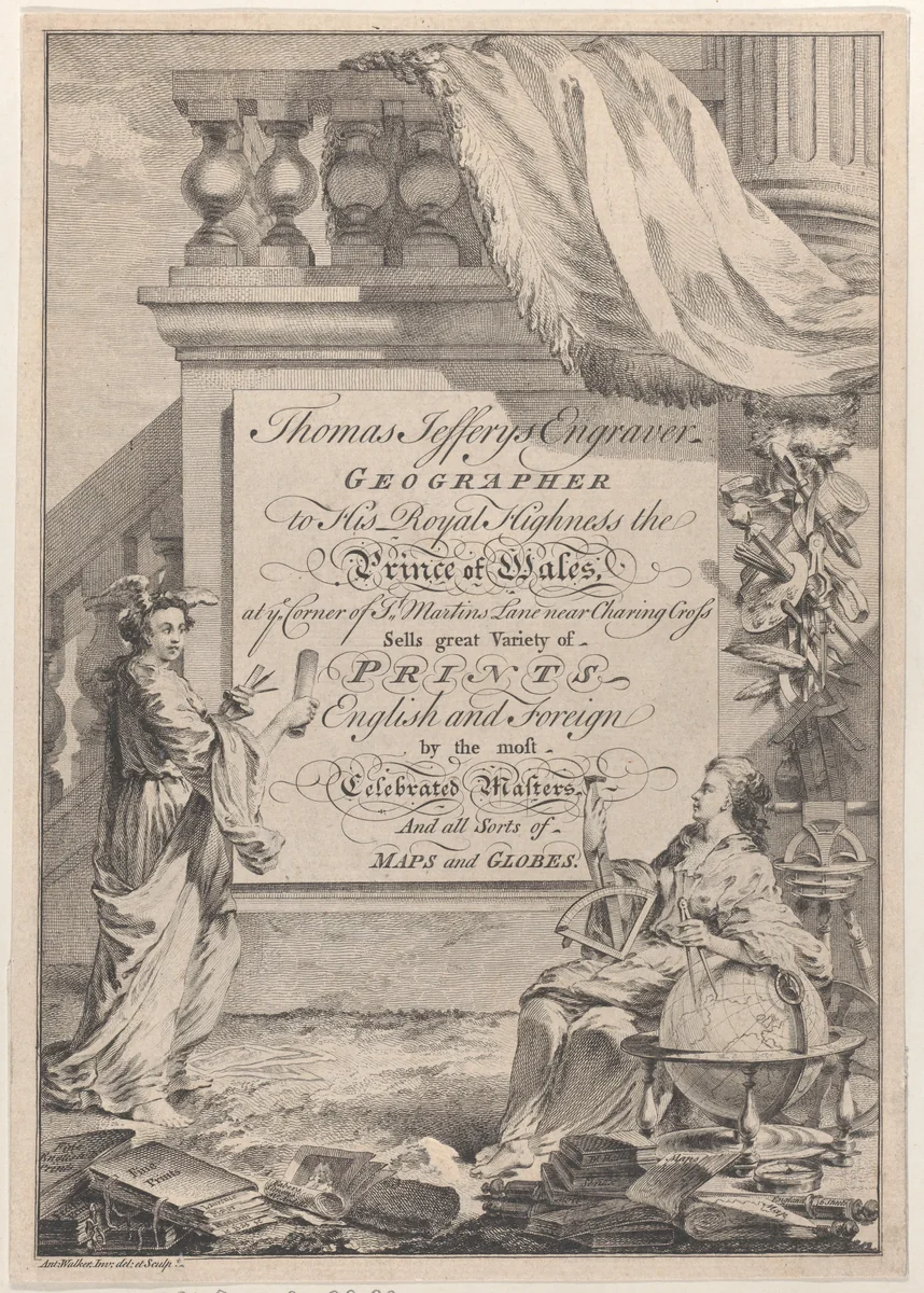 Trade Card for Thomas Jeffreys, Engraver, Geographer, and Printseller by Anthony Walker, print, 1700-1800