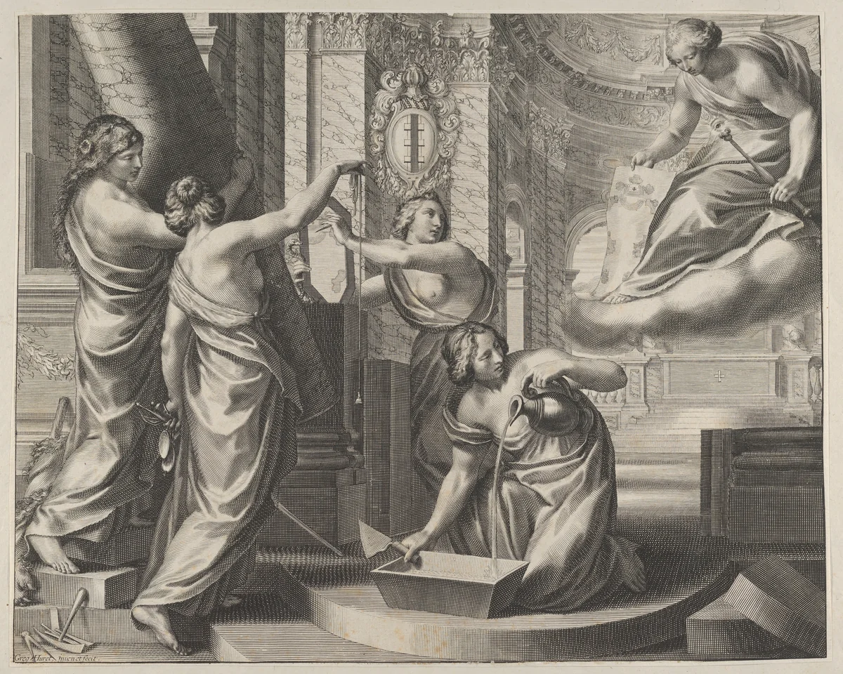 Allegorial Composition with Figures Working According to an Architectural Plan by Grégoire Huret, print, 1620-1650