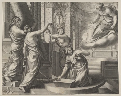Allegorial Composition with Figures Working According to an Architectural Plan by Grégoire Huret, print, 1620-1650
