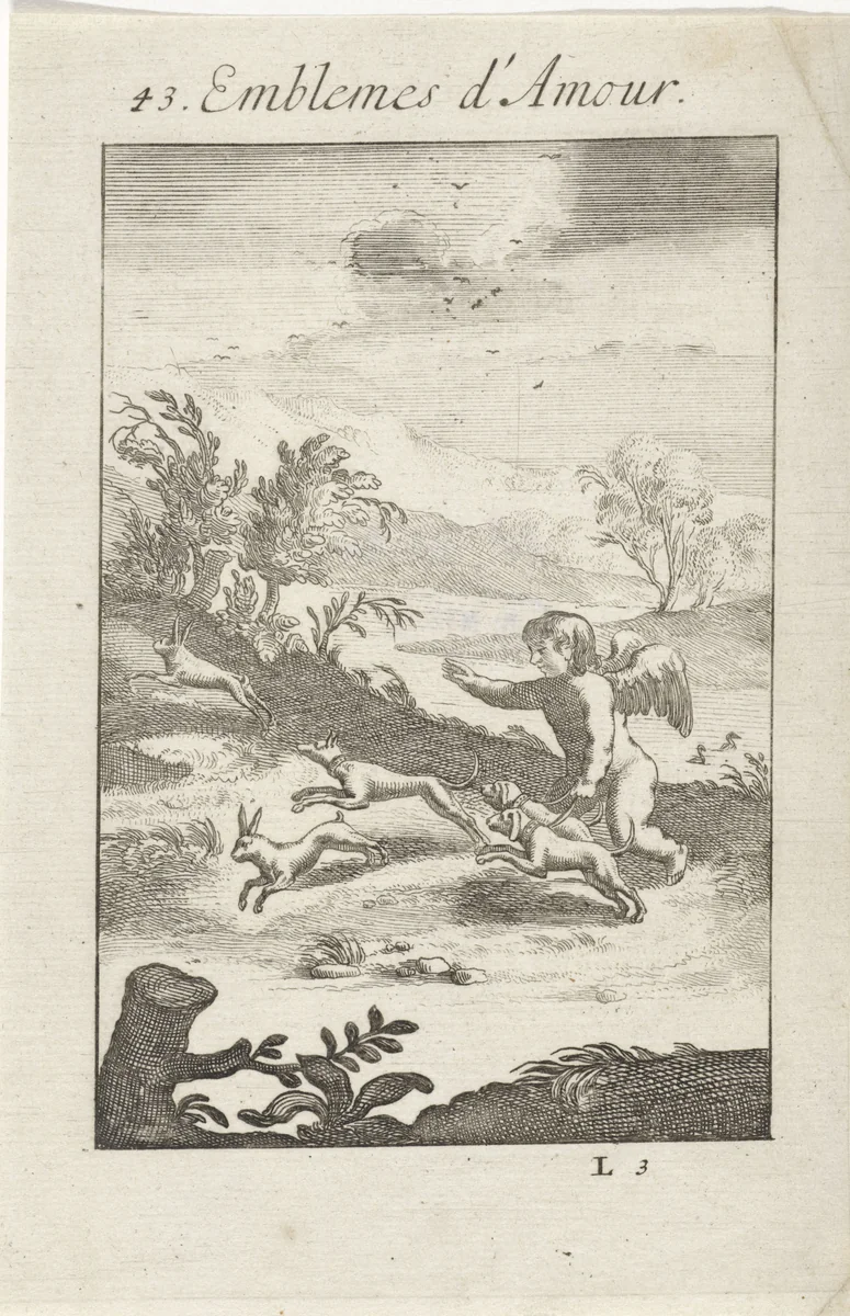 Amor jaagt op twee hazen by Jan van Vianen, print, 1686