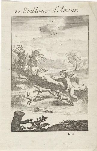 Amor jaagt op twee hazen by Jan van Vianen, print, 1686