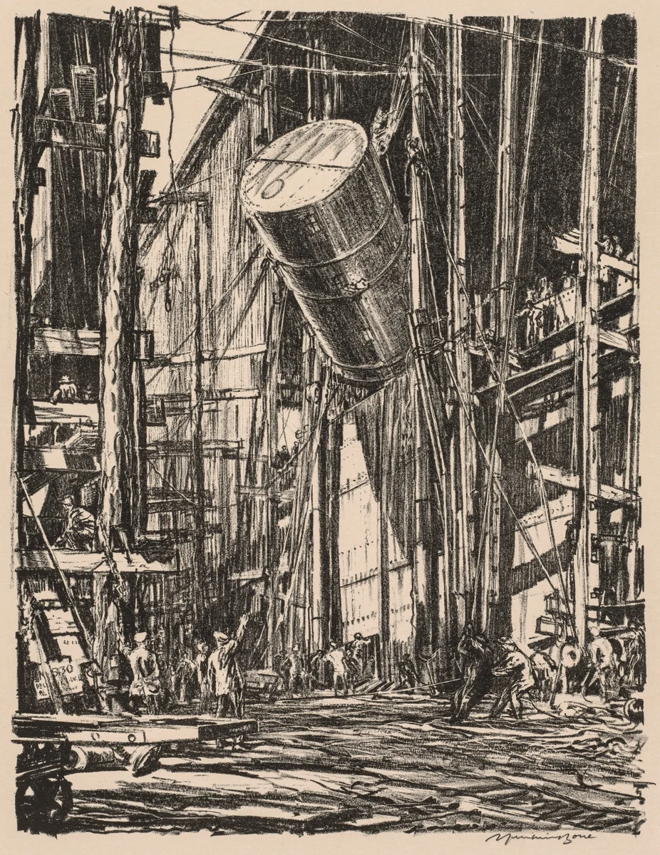 On the Clyde, 1917-1918: Lifting an Oil Tank into a Train Ferry by Muirhead Bone, print, 1917-1918